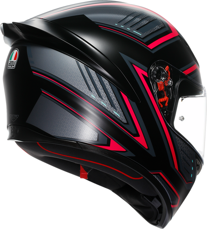 AGV K1 S helmet in matte black and pink, 2XL size, featuring aerodynamic design and brand logo on the side.