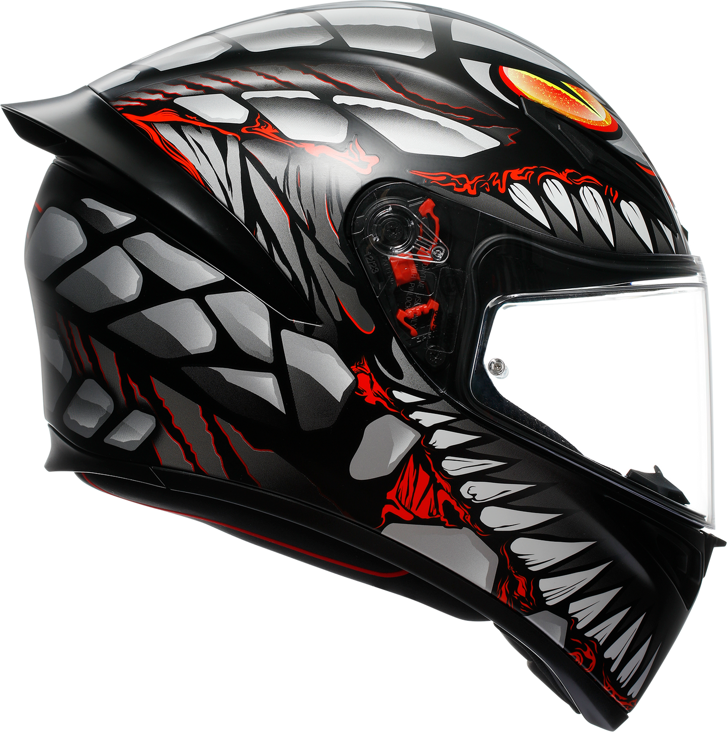 AGV K1 S Lyzard matte black, gray, and red motorcycle helmet in XL size, featuring aerodynamic design and secure chin strap.