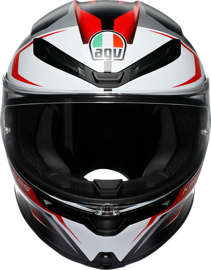 AGV K6 S Karve matte black, white, and red motorcycle helmet in XL size, featuring aerodynamic design and clear visor.