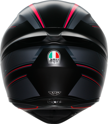 AGV K1 S helmet in matte black and pink, size 2XL, featuring aerodynamic design and adjustable strap for motorcycle riding.
