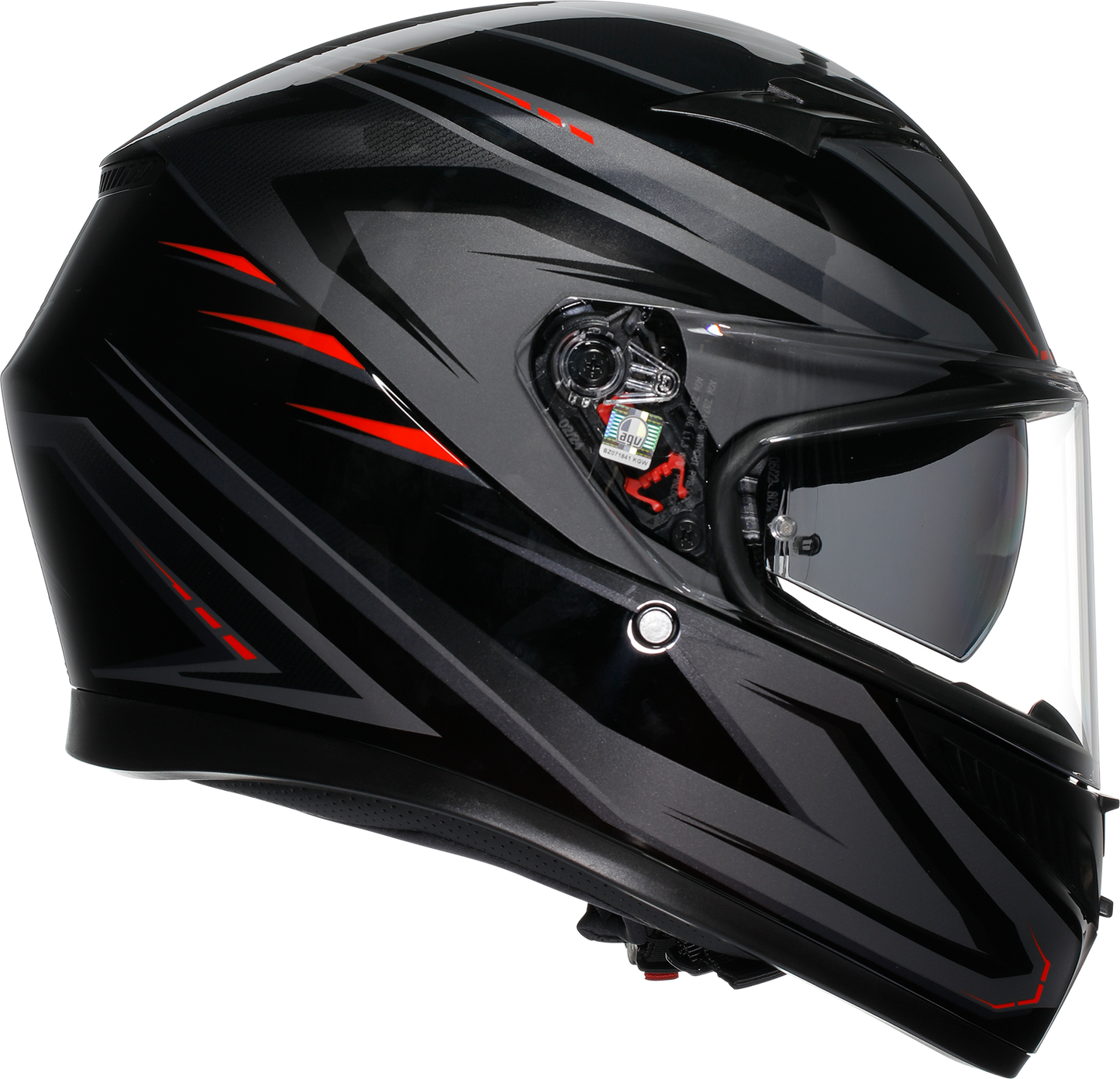 AGV K3 helmet in Syth Black/Red with Pinlock lens and advanced ventilation system, showing the sleek motorcycle helmet design.