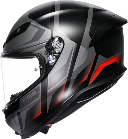 AGV K6 S racing helmet in matte black, gray, and red with aerodynamic design and lightweight construction. Small size.