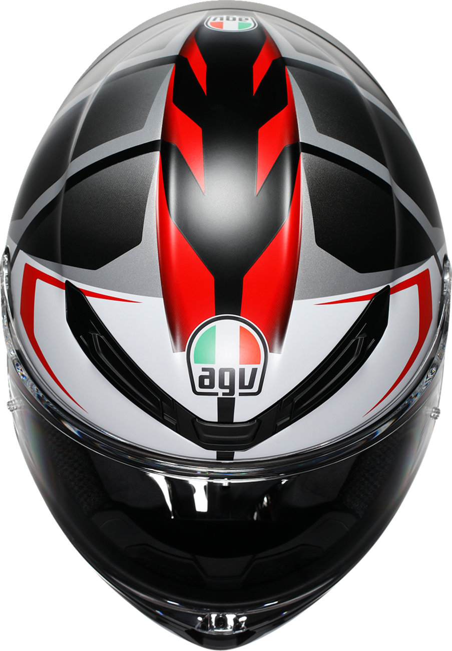AGV K6 S Karve matte black, white, and red motorcycle helmet shown in size XL with sleek aerodynamic design.