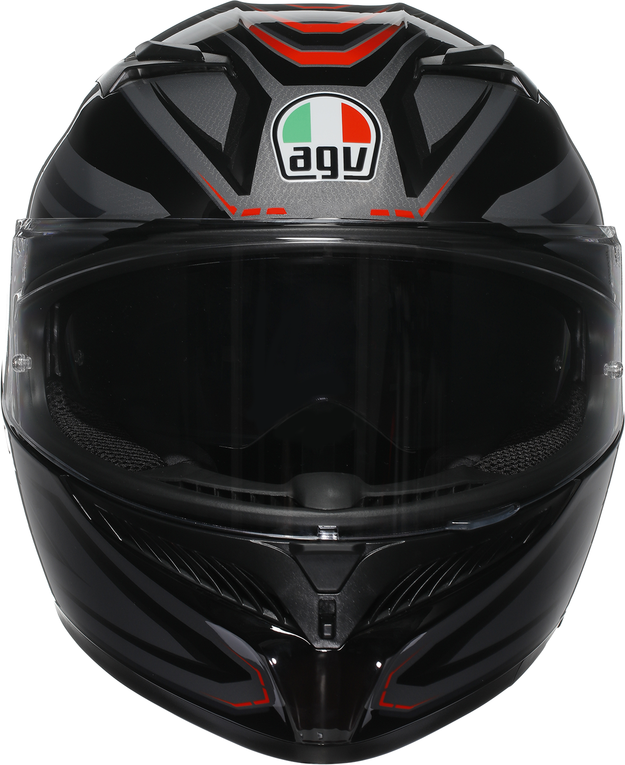 AGV K3 motorcycle helmet in Synth Black/Red with Pinlock lens and advanced ventilation system, size Large, on a neutral background.