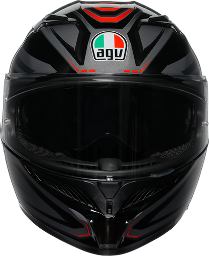 AGV K3 motorcycle helmet in Synth Black/Red with Pinlock lens and advanced ventilation system, size Large, on a neutral background.