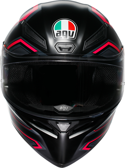 AGV K1 S helmet in matte black and pink, 2XL size, featuring aerodynamic design and ventilation for motorcycle riding.