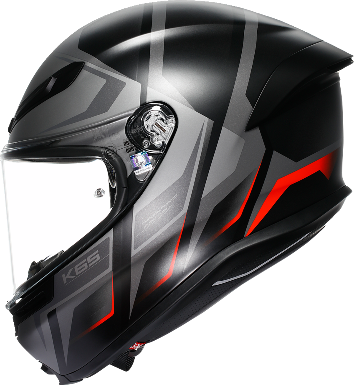 AGV K6 S racing helmet in matte black, gray, and red, lightweight with advanced ventilation and safety features.