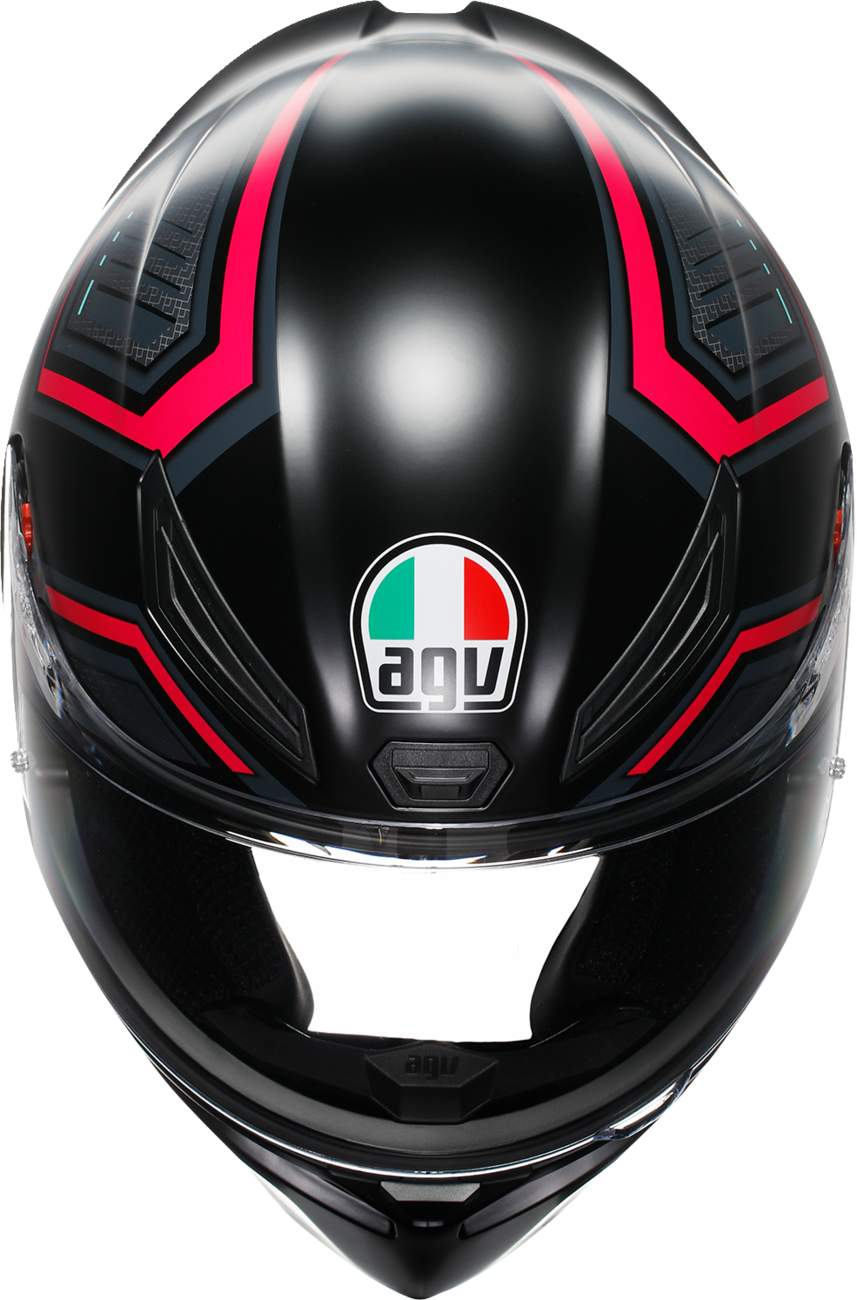 AGV K1 S helmet in matte black and pink, 2XL size, with sleek design and aerodynamic shape for motorcycle riding.