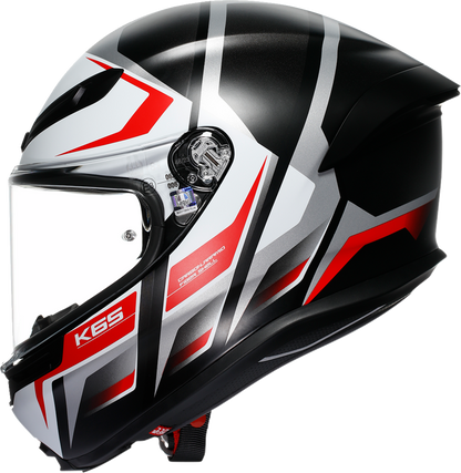 AGV K6 S motorcycle helmet in Karve Matte Black, White, and Red with 2XL size, featuring advanced safety and aerodynamic design.