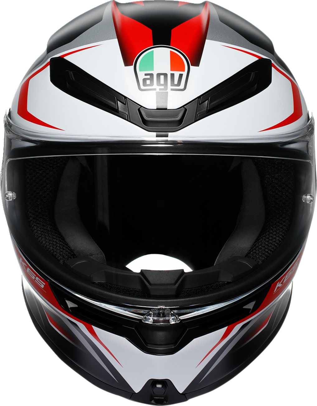 AGV K6 S helmet in matte black, white, and red with 2XL size, showcasing its aerodynamic design and safety features.