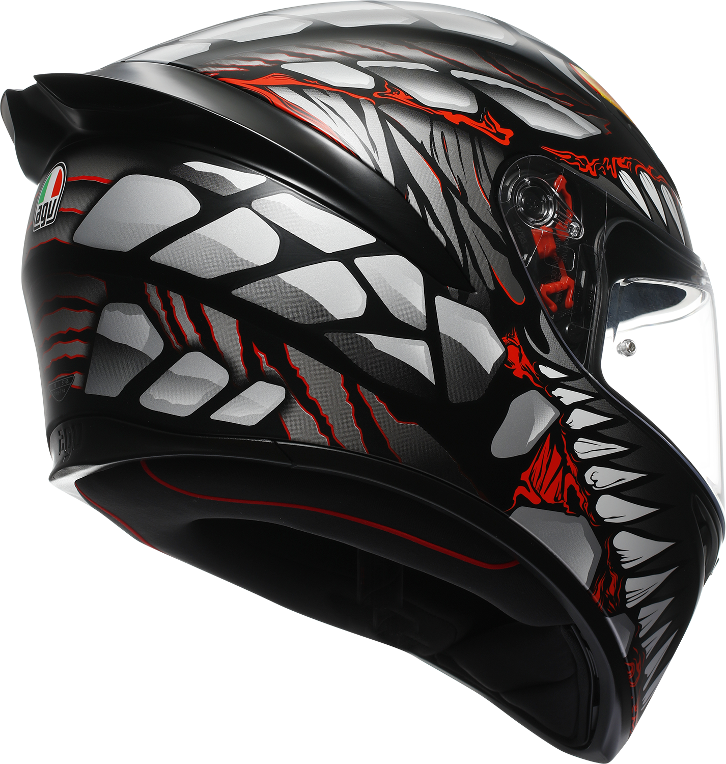 AGV K1 S helmet in Lyzard matte black, gray, and red with aerodynamic design and ventilation features.