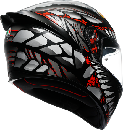 AGV K1 S helmet in Lyzard matte black, gray, and red with aerodynamic design and ventilation features.