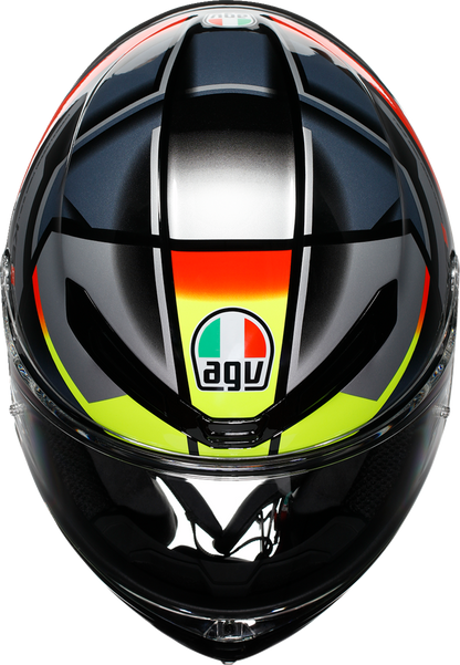 AGV K6 S Erazer motorcycle helmet in black, red, and yellow fluo with aerodynamic design and secure visor.