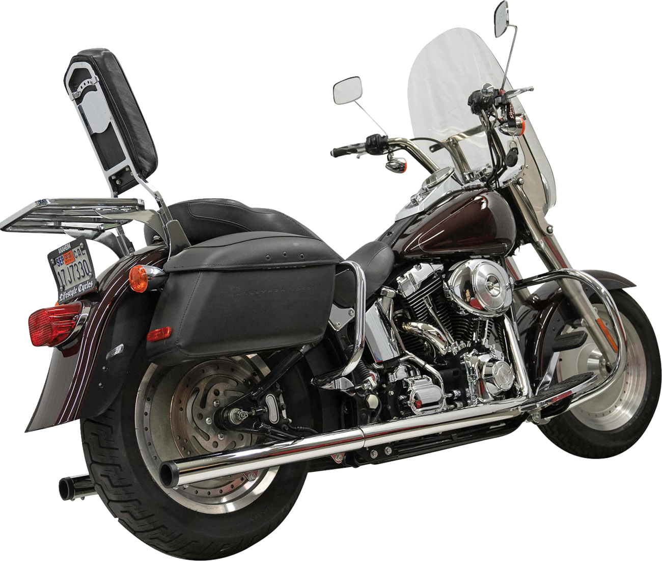 Chrome BASSANI XHAUST 1S98P dual drag pipe exhaust system for Harley Twin Cam and Softail motorcycles.
