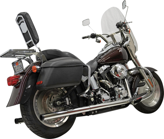 Chrome BASSANI XHAUST 1S98P dual drag pipe exhaust system for Harley Twin Cam and Softail motorcycles.