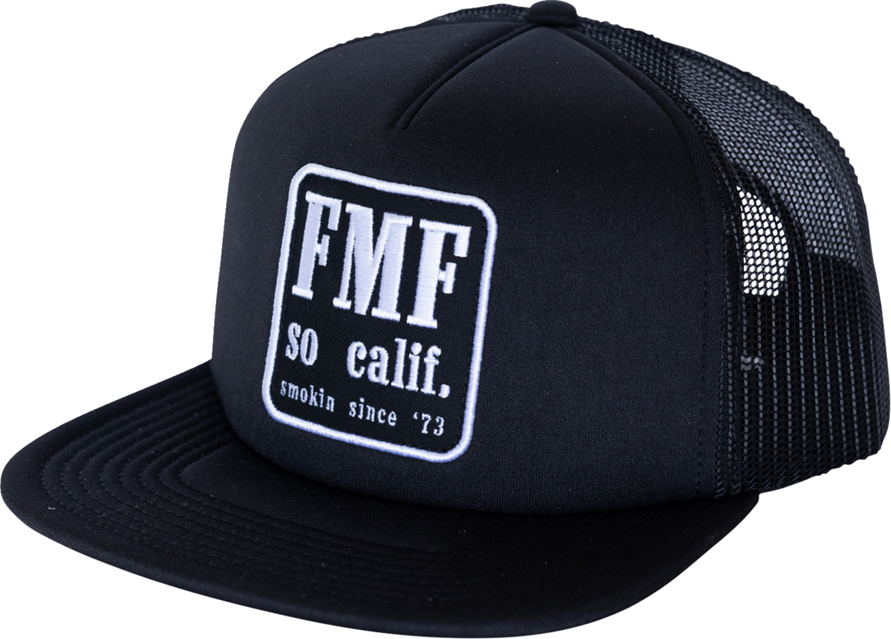 Black FMF country hat featuring a 5-panel trucker style with embroidered patch and mesh back for ventilation.