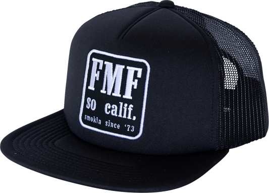 Black FMF country hat featuring a 5-panel trucker style with embroidered patch and mesh back for ventilation.