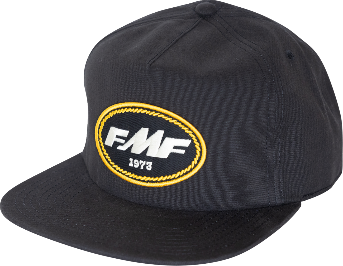 FMF Roper black 5-panel cap with embroidery and woven label, unstructured hat designed for casual wear.