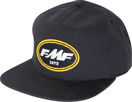 FMF Roper black 5-panel cap with embroidery and woven label, unstructured hat designed for casual wear.
