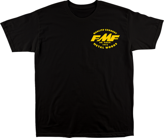 FMF The Shop black T-shirt in XL size, featuring the brand logo on the front, displayed on a white background.