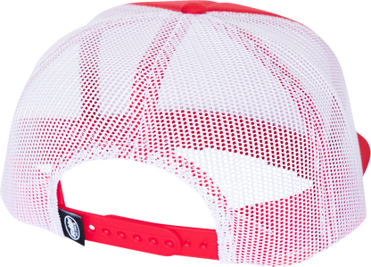 Red FMF Country Hat, 5-panel trucker snapback with embroidered patch, casual outdoor style, adjustable fit.
