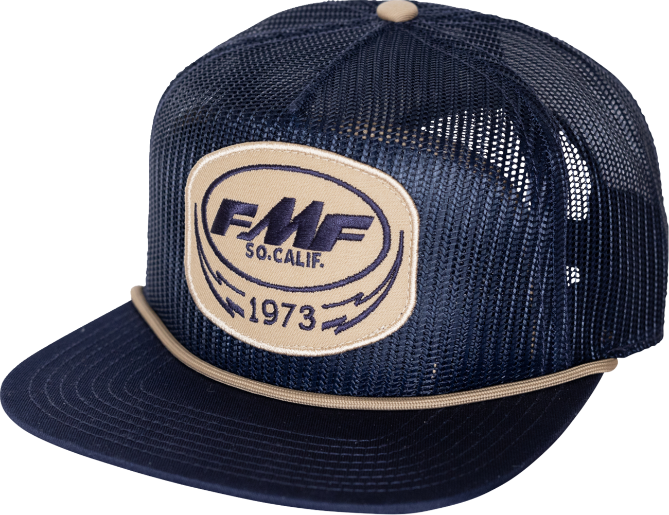 FMF Bolts Navy 5-panel trucker cap with snapback closure, featuring embroidered bolt design on front panel.