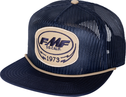 FMF Bolts Navy 5-panel trucker cap with snapback closure, featuring embroidered bolt design on front panel.