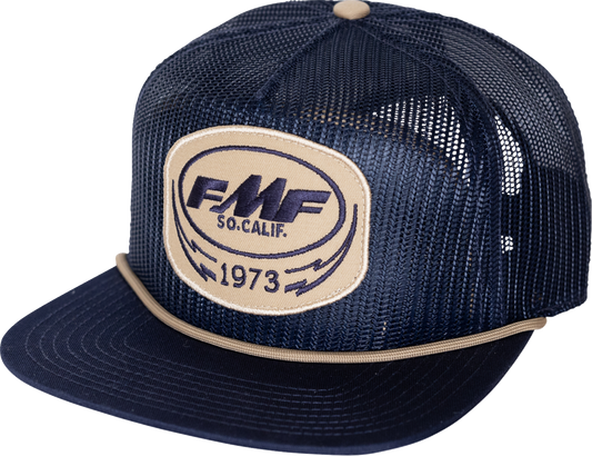 FMF Bolts Navy 5-panel trucker cap with snapback closure, featuring embroidered bolt design on front panel.