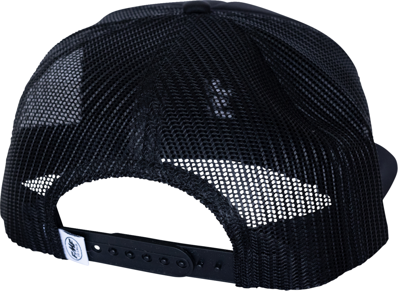 FMF black country hat featuring 5-panel trucker snapback design with embroidered patch and mesh back for breathability.