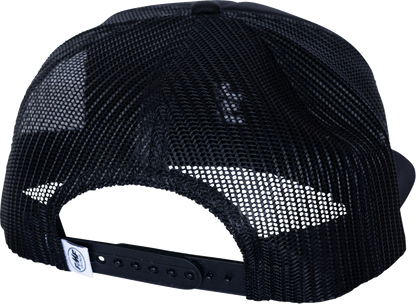 FMF black country hat featuring 5-panel trucker snapback design with embroidered patch and mesh back for breathability.