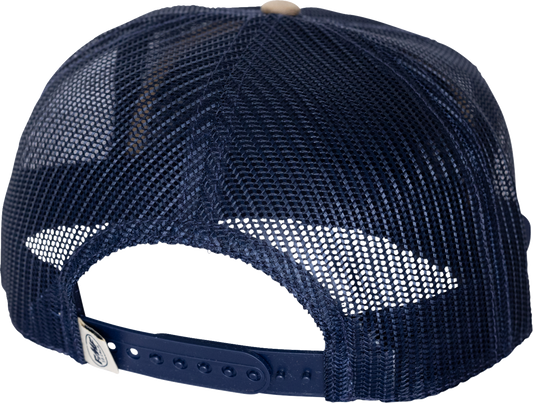 FMF Bolts Navy 5-panel trucker cap with snapback closure, featuring embroidered bolt logo on front.