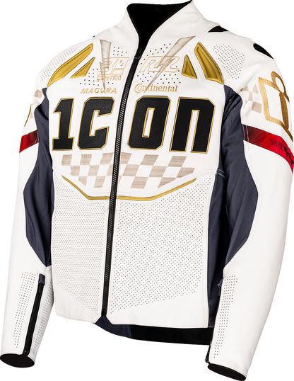 White ICON Contra3 Rizz Rizz jacket in small size, showcasing the lightweight design and stylish details of the ICON brand.