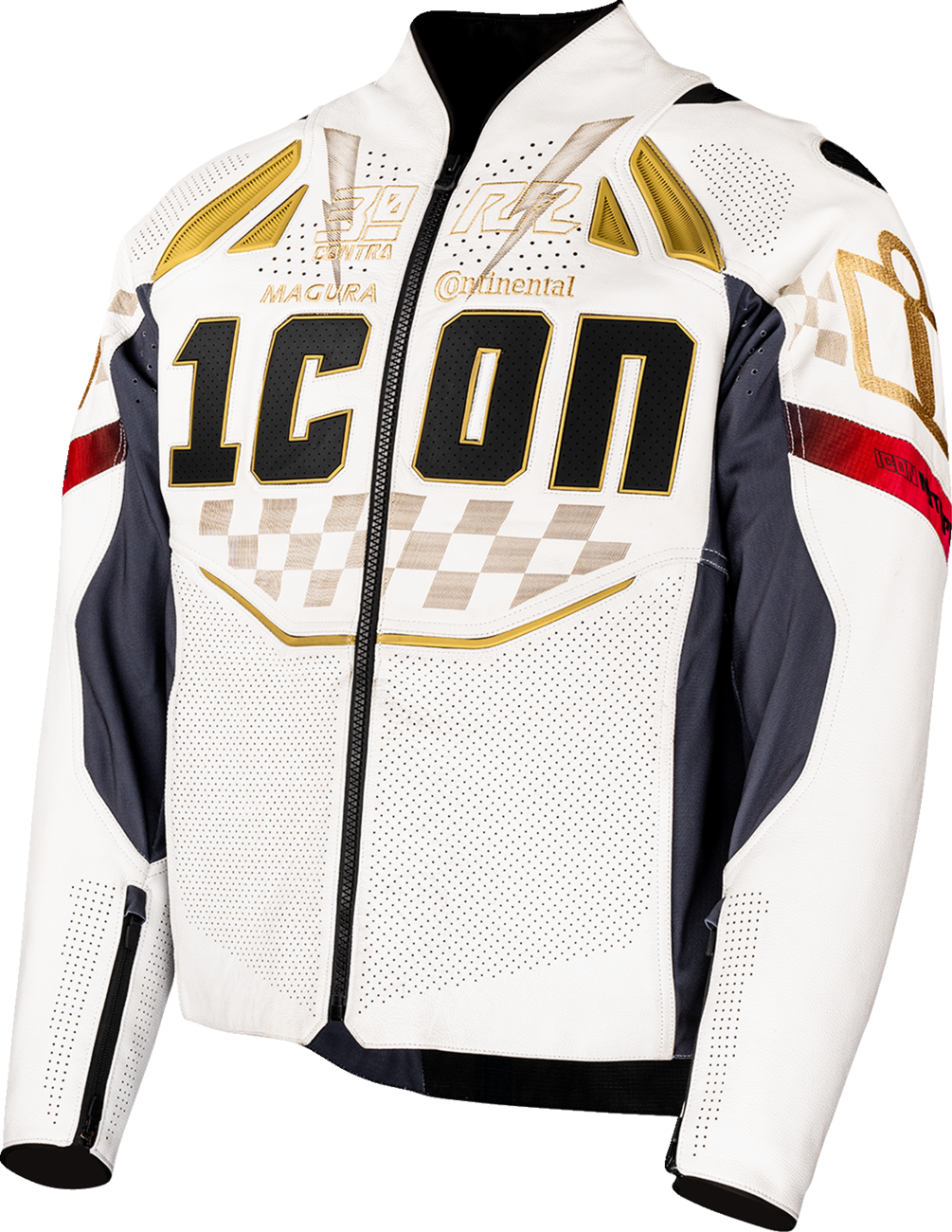 White ICON Contra3 Rizz Rizz jacket in large size, featuring a sleek design with detailed stitching and branding.