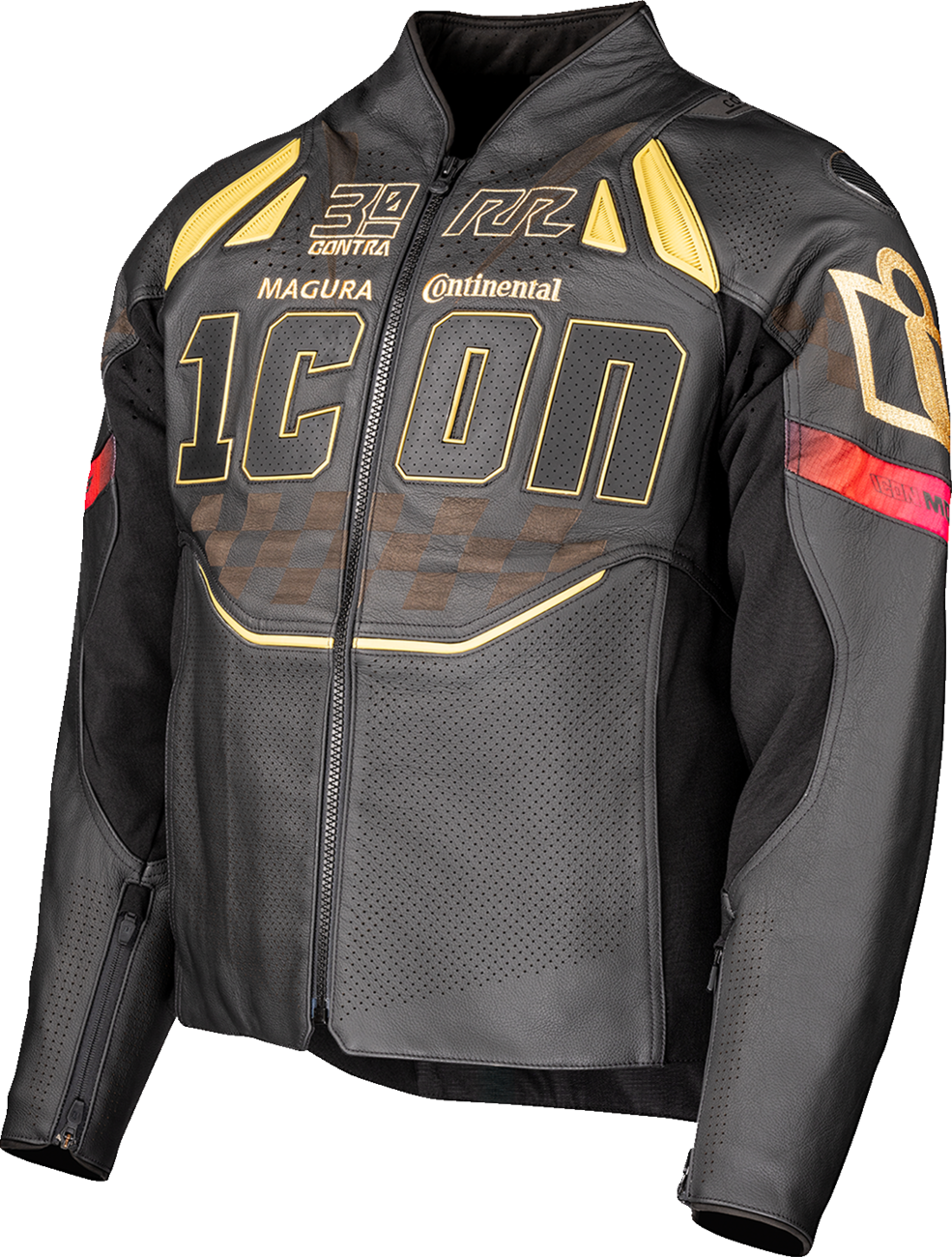 Black ICON Contra3™ Rizz Rizz jacket with impact protection and removable liner, displayed on a hanger.