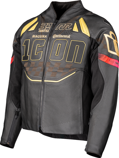 Black ICON Contra3™ Rizz Rizz jacket with impact protection and removable liner, displayed on a hanger.