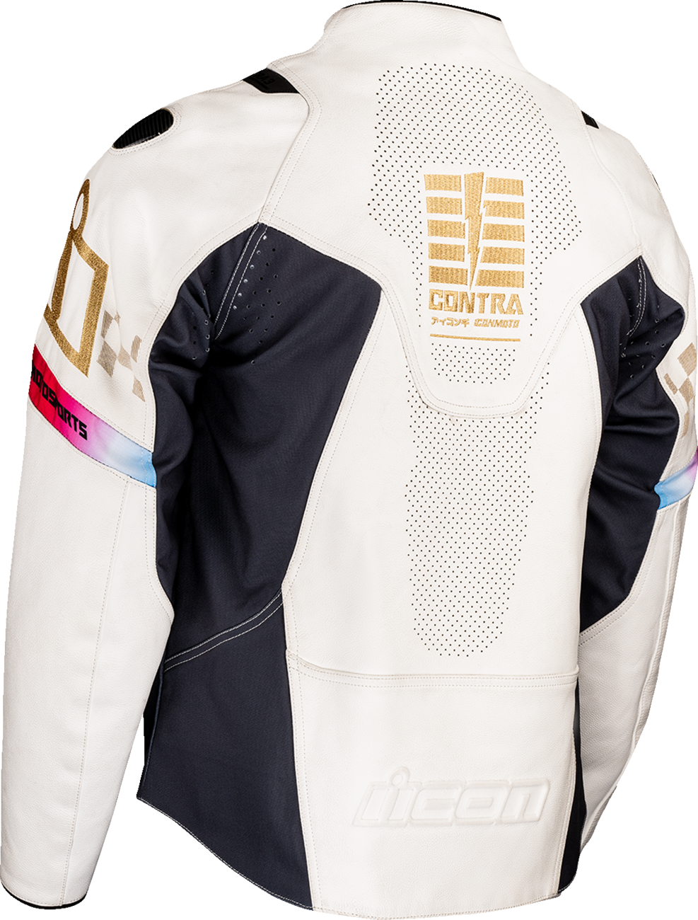 ICON Contra3 Rizz Rizz white jacket in XL size, showcasing the sleek design and fabric details of the ICON brand motorcycle apparel.