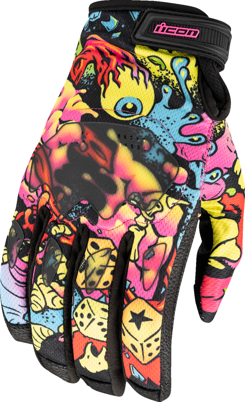 ICON Hooligan™ Scatterbrain Gloves in 2XL size, showing black and gray tactical motorcycle gloves with reinforced knuckles.
