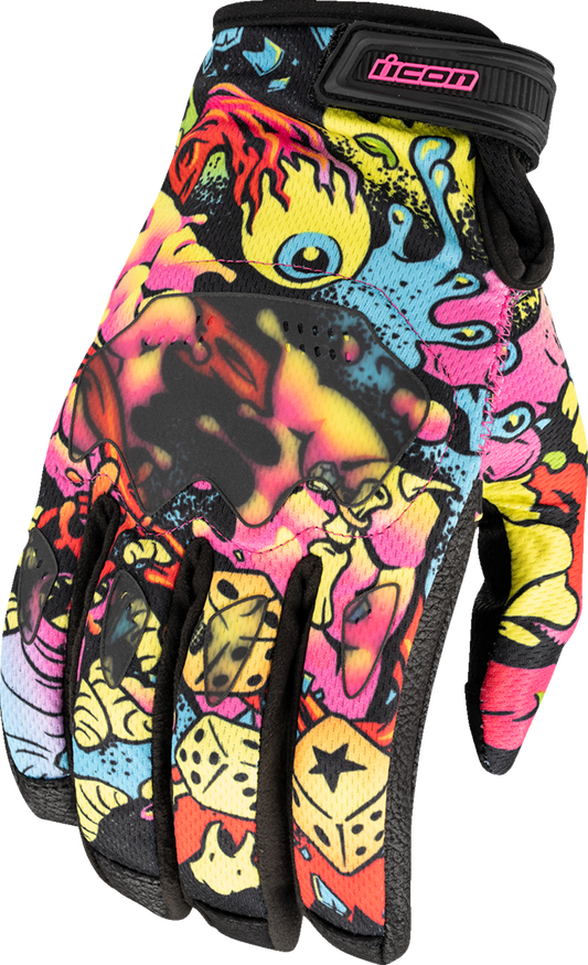 ICON Hooligan™ Scatterbrain Gloves in 2XL size, showing black and gray tactical motorcycle gloves with reinforced knuckles.