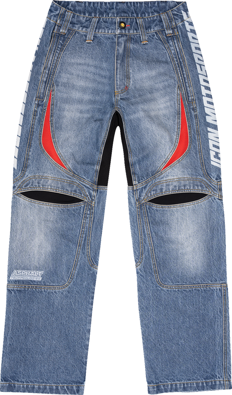 ICON Hooligan™ jeans featuring durable Cordura denim and breathable air mesh panels, US size 38, shown in the image.