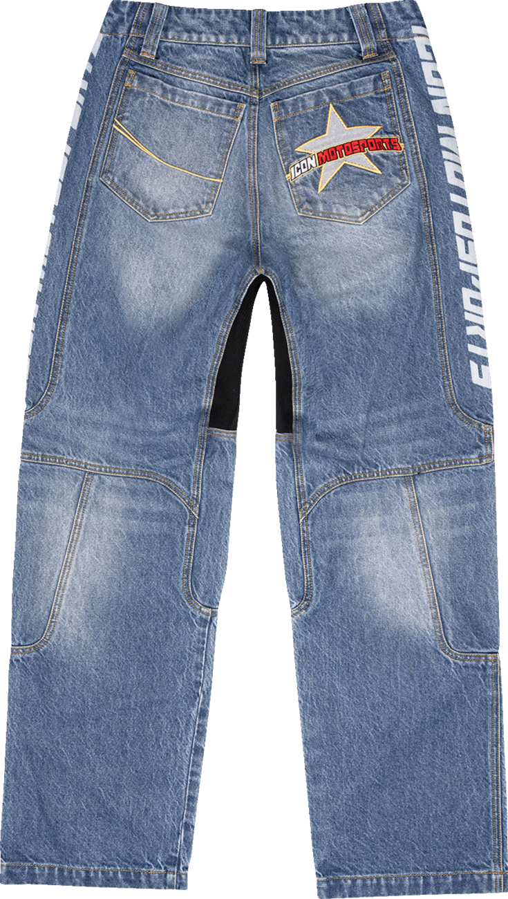 ICON Hooligan™ jeans in blue with durable Cordura denim and comfort features, shown in US size 44.