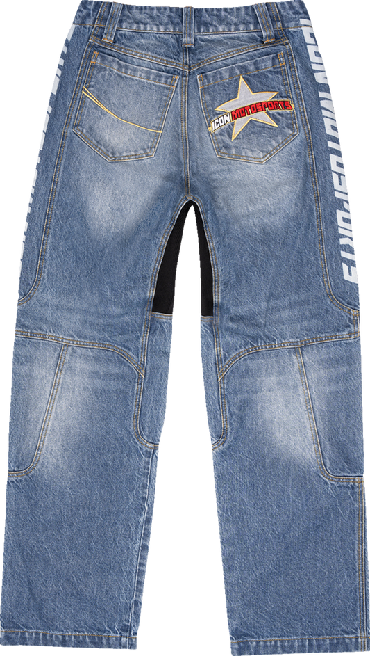 ICON Hooligan™ jeans in blue with durable Cordura denim and comfort features, shown in US size 44.