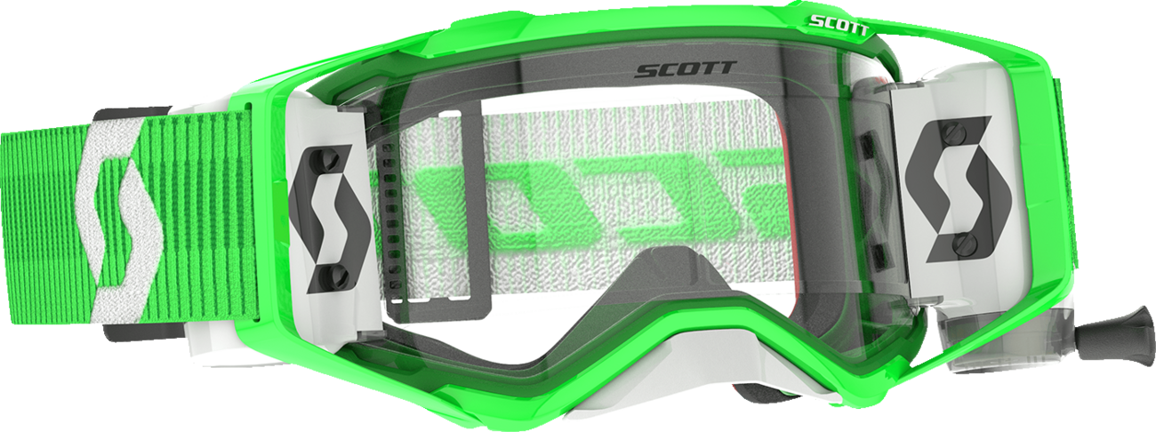 Scott Prospect WFS Goggle with green and white frame and clear lens, designed for outdoor sports and active wear.