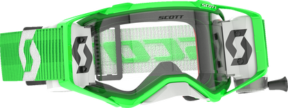 Scott Prospect WFS Goggle with green and white frame and clear lens, designed for outdoor sports and active wear.