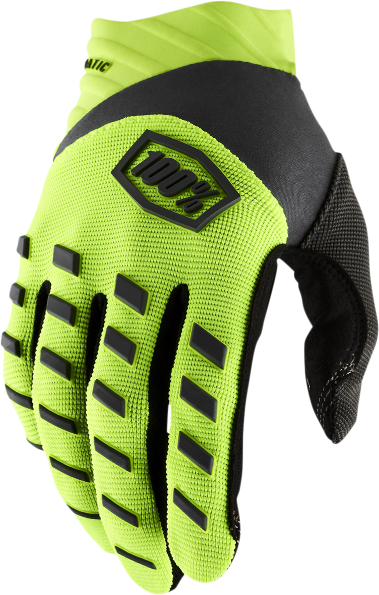 Bill's Exhausts 100% Airmatic Gloves in fluorescent yellow and black, size XL, with padded palms and breathable fabric.