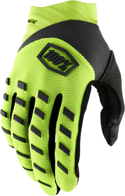 Bill's Exhausts 100% Airmatic Gloves in fluorescent yellow and black, size XL, with padded palms and breathable fabric.
