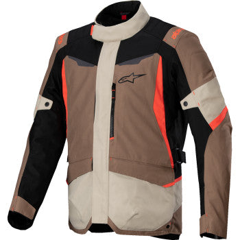 Alpinestars ST-1 WP jacket in dark khaki, sand, black, and red fluo, size 4XL, featuring waterproof material and sporty design.