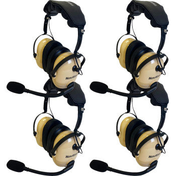 Bill's Exhausts NAVATLAS 4-seat beige intercom and radio headset kit for vehicles, showing headsets and communication device.