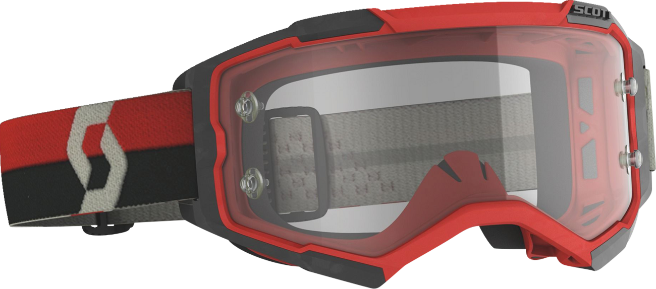 Bill's Exhausts SCOTT Fury Goggle in red and black with clear lenses, designed for engine protection and sporty style.