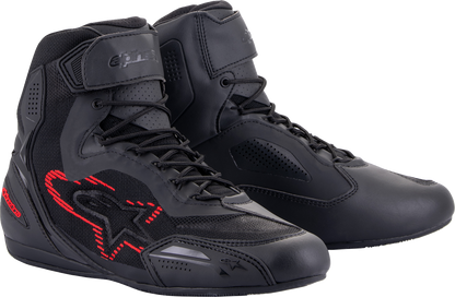 Alpinestars Faster-3 Rideknit® shoes in black, gray, and red, US size 10, featuring a sleek design and sporty look.