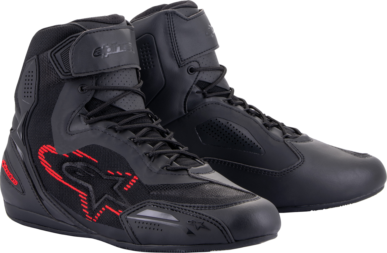 Alpinestars Faster-3 Rideknit® shoes in black, gray, and red, US 12.5, featuring a sleek athletic design and breathable knit material.